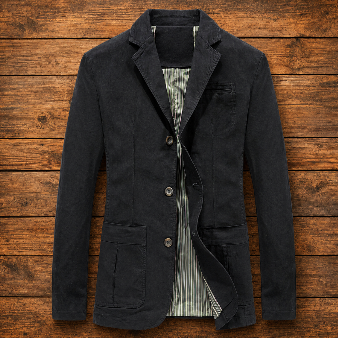 Men's Notch-Lapel Three-Button Casual Blazer in Black – front view | Hensley London