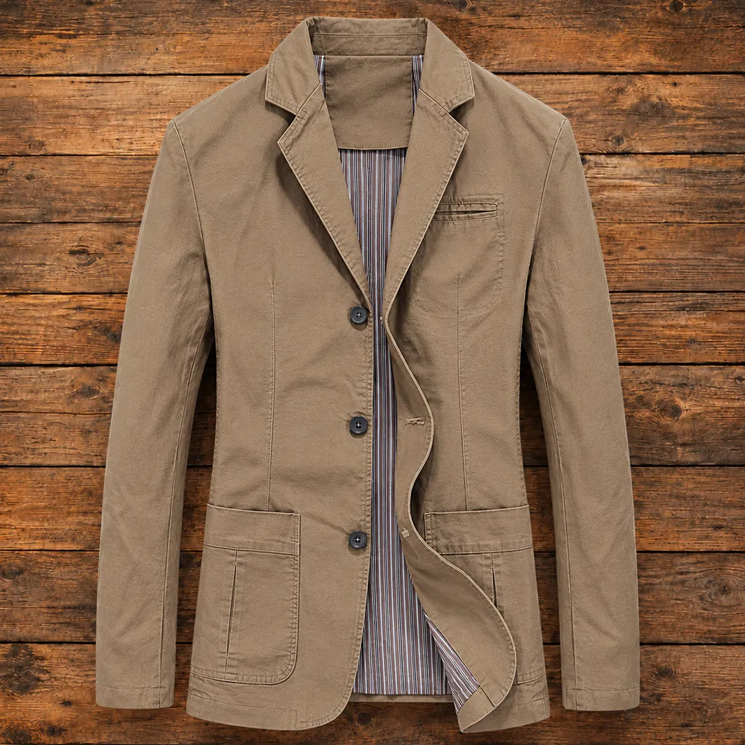 Men's Notch-Lapel Three-Button Casual Blazer in Khaki – front view | Hensley London