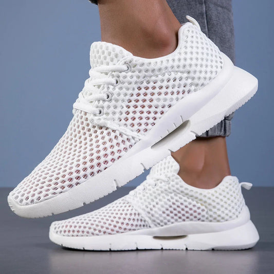 Men's Mesh Lace-Up Trainers in White – on-foot front view | Hensley London