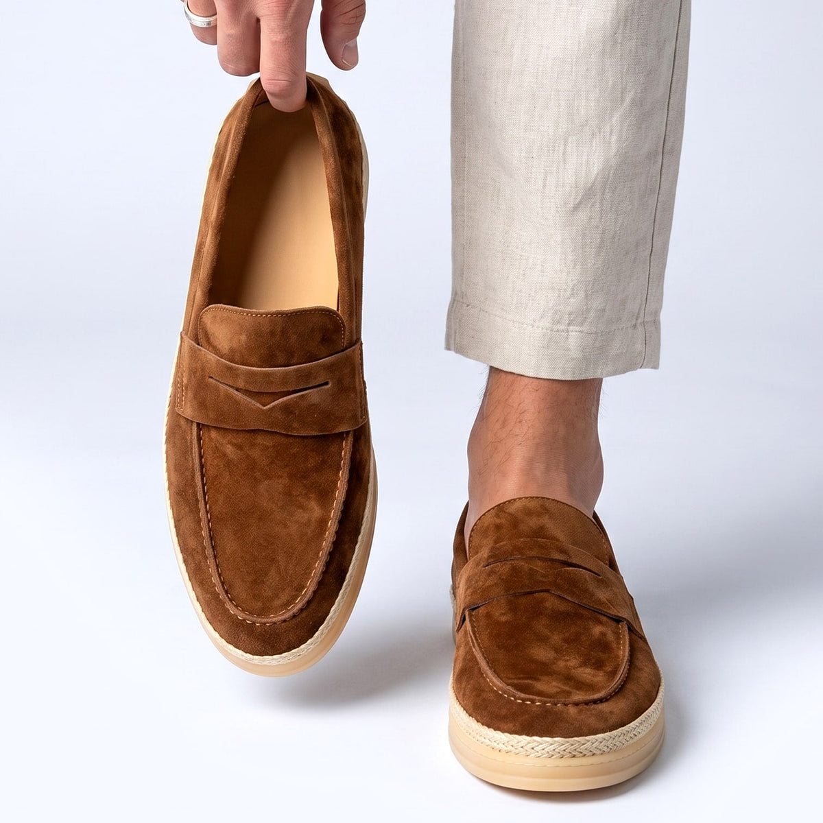 Men's Penny Espadrille Loafers in Brown – on-foot and handheld view | Hensley London