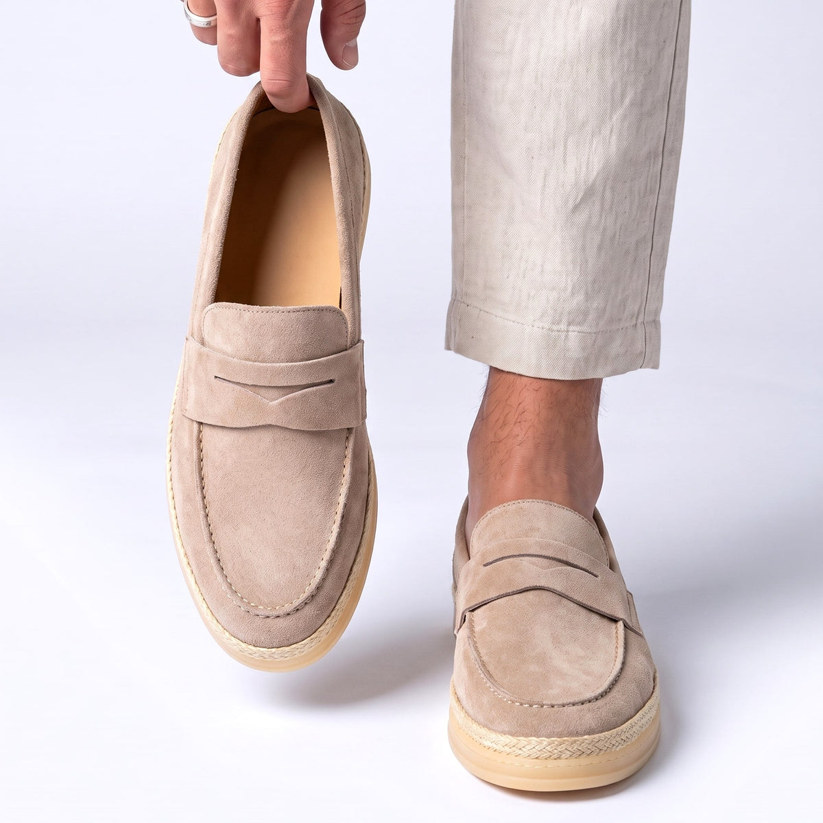 Men's Penny Espadrille Loafers in Beige – on-foot and handheld view | Hensley London