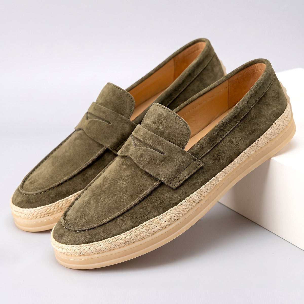 Men's Penny Espadrille Loafers in Green – pair view | Hensley London