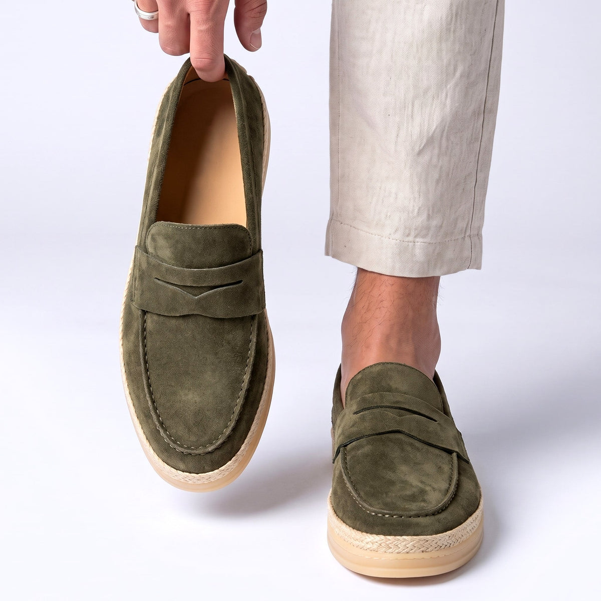 Men's Penny Espadrille Loafers in Green – on-foot and handheld view | Hensley London