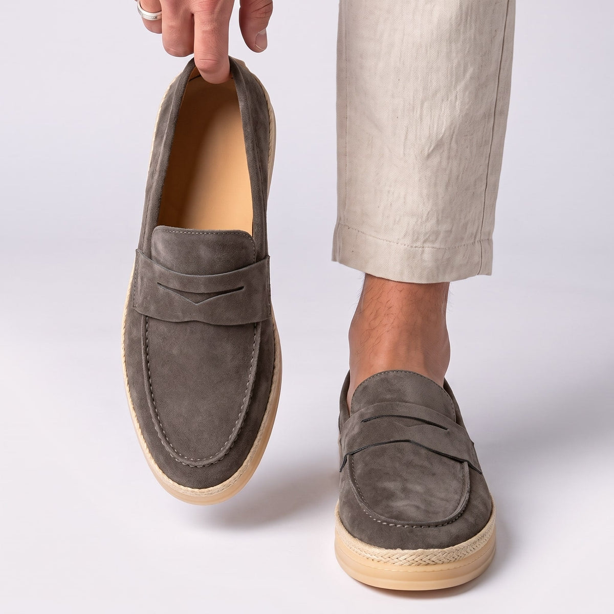 Men's Penny Espadrille Loafers in Grey – on-foot and handheld view | Hensley London