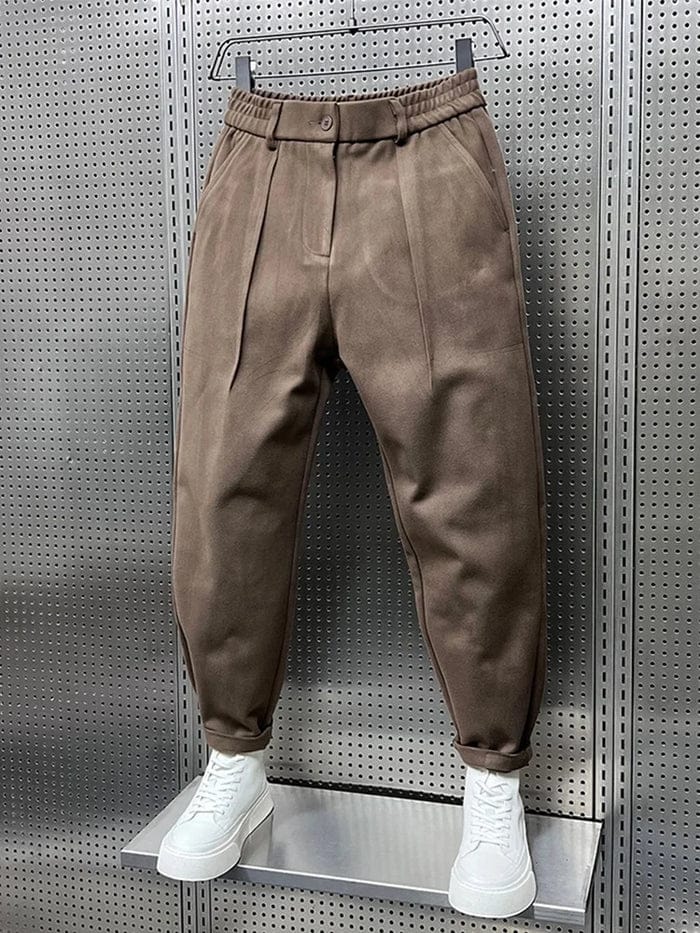 Men's Pleated Tapered Trousers with Belt Loops in Brown – front view | Hensley London