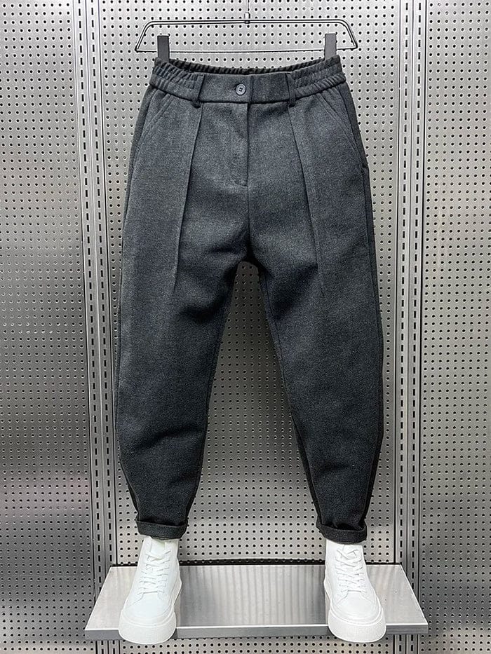 Men's Pleated Tapered Trousers with Belt Loops in Dark Gray – front view | Hensley London