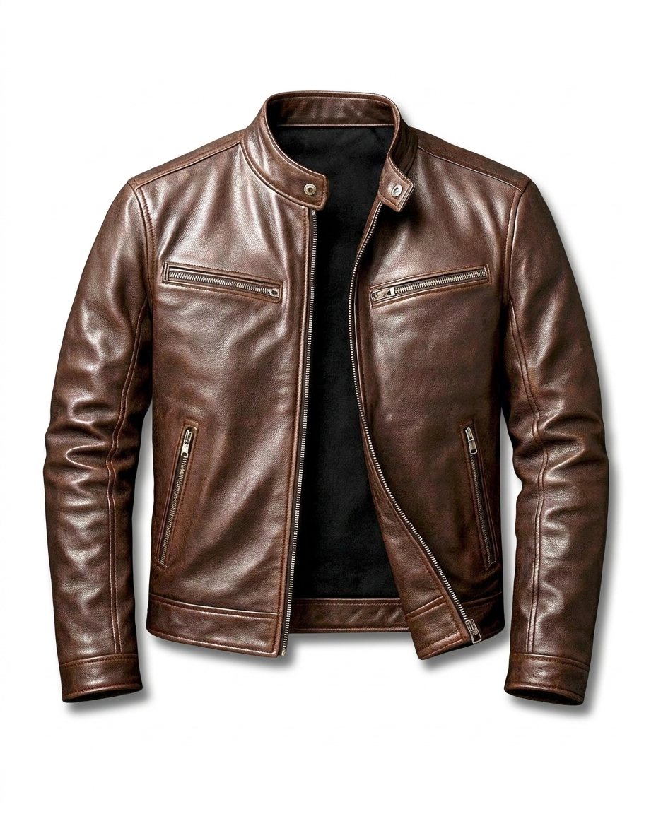 Men's Stand-Collar Zip Jacket with Zipped Pockets in Dark Brown – front view | Hensley London