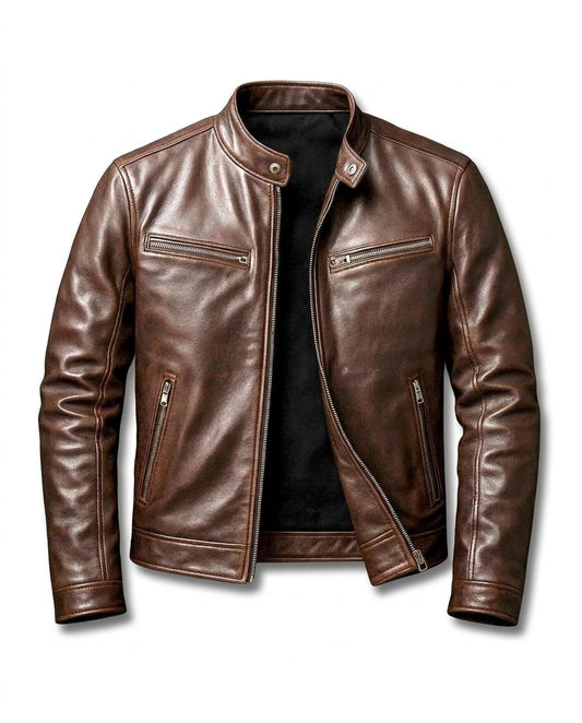 Men's Stand-Collar Zip Jacket with Zipped Pockets in Dark Brown – front view | Hensley London