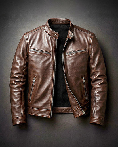 Men's Stand-Collar Zip Jacket with Zipped Pockets in Dark Brown – front view | Hensley London