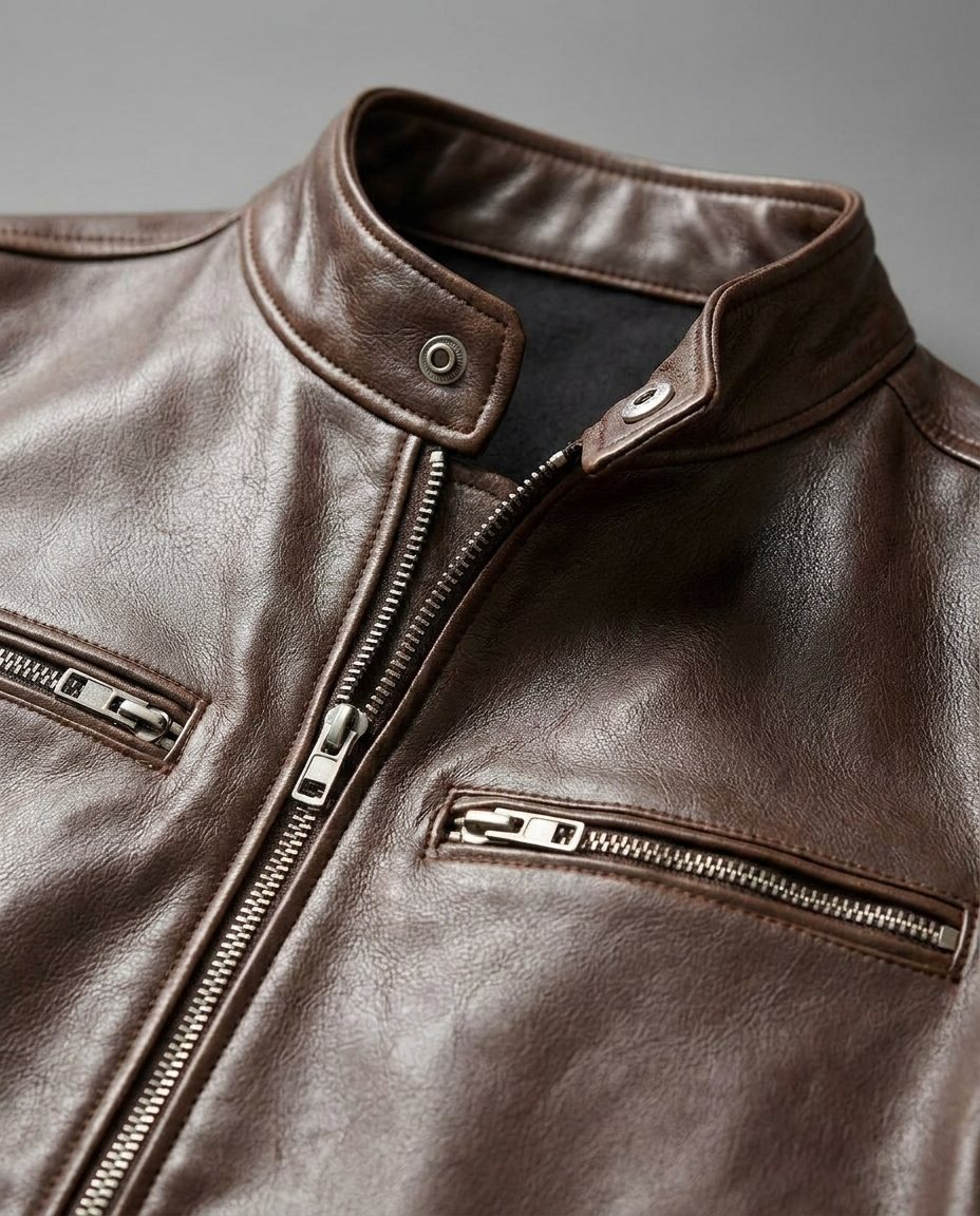 Men's Stand-Collar Zip Jacket with Zipped Pockets in Dark Brown – collar and chest detail | Hensley London