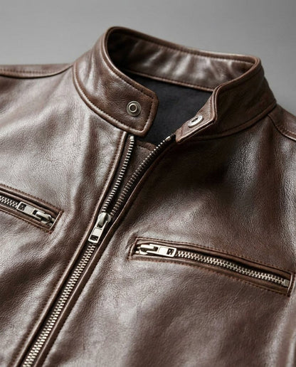 Men's Stand-Collar Zip Jacket with Zipped Pockets in Dark Brown – collar and chest detail | Hensley London