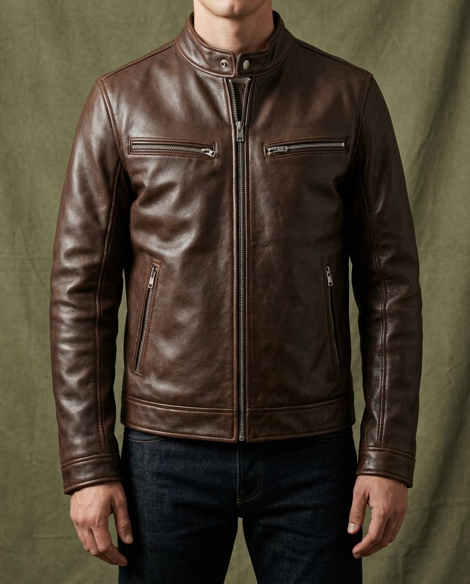 Men's Stand-Collar Zip Jacket with Zipped Pockets in Dark Brown – front view on model | Hensley London