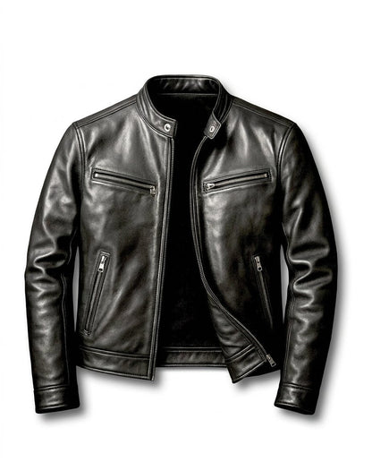Men's Stand-Collar Zip Jacket with Zipped Pockets in Black – front view | Hensley London
