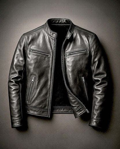 Men's Stand-Collar Zip Jacket with Zipped Pockets in Black – front view | Hensley London