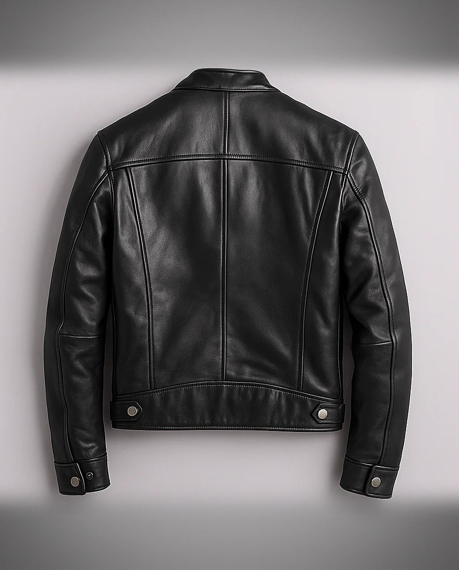 Men's Stand-Collar Zip Jacket with Zipped Pockets in Black – back view | Hensley London