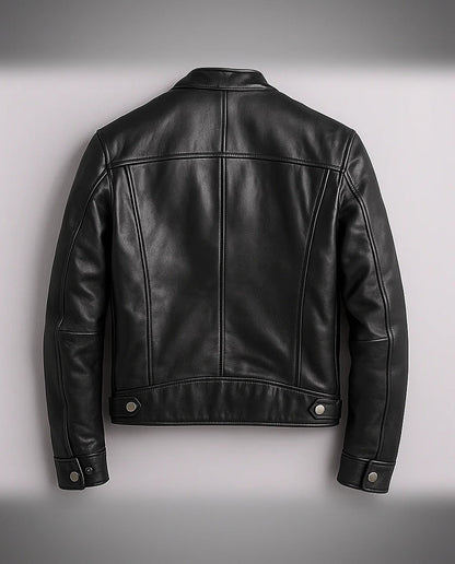Men's Stand-Collar Zip Jacket with Zipped Pockets in Black – back view | Hensley London