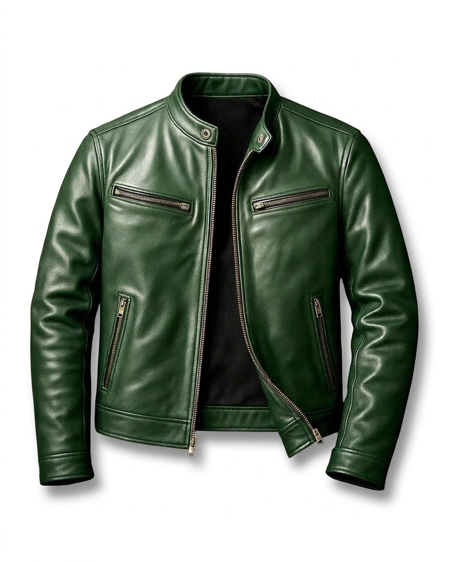 Men's Stand-Collar Zip Jacket with Zipped Pockets in Green – front view | Hensley London