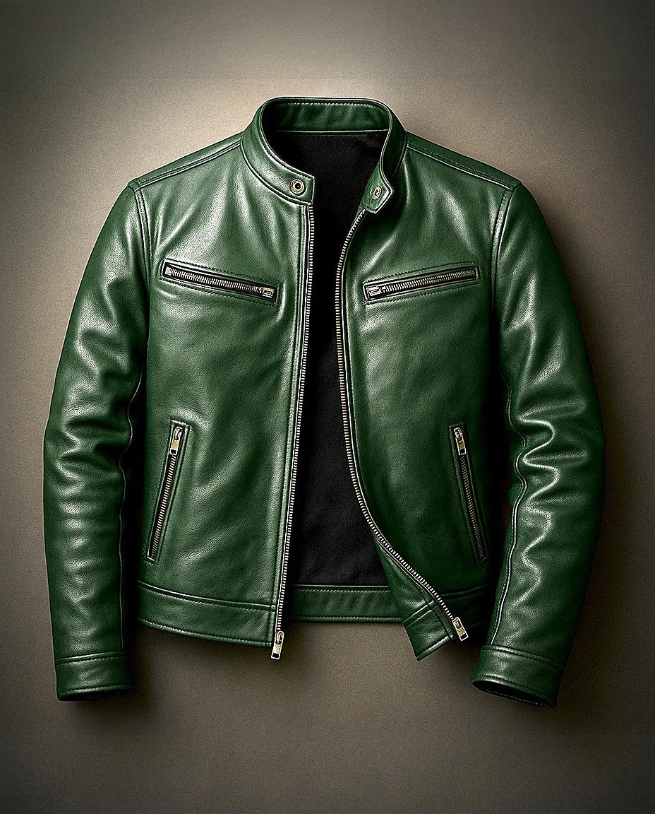 Men's Stand-Collar Zip Jacket with Zipped Pockets in Green – front view | Hensley London