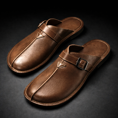 Men's Buckle Slip-On Mules in Brown – pair view | Hensley London