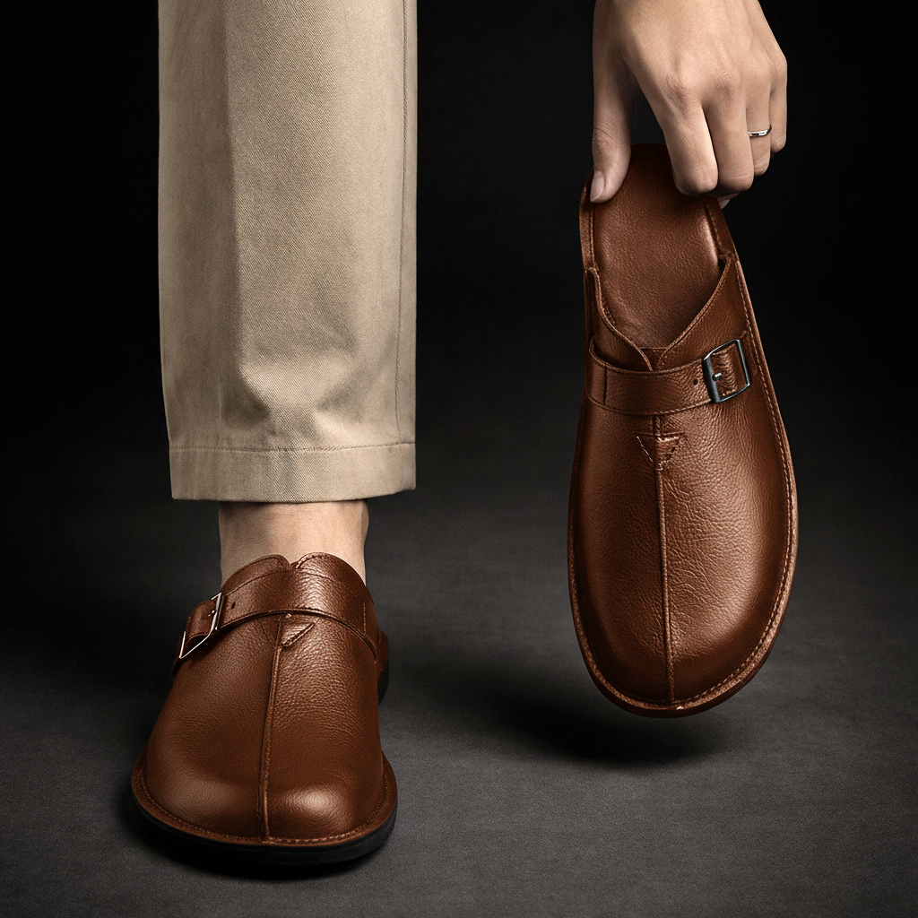 Men's Buckle Slip-On Mules in Brown – on-foot and handheld view | Hensley London