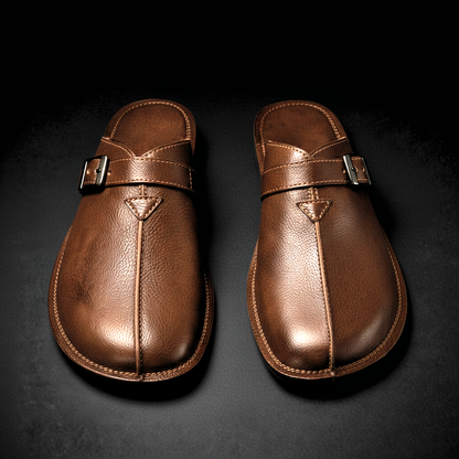 Men's Buckle Slip-On Mules in Brown – top view | Hensley London