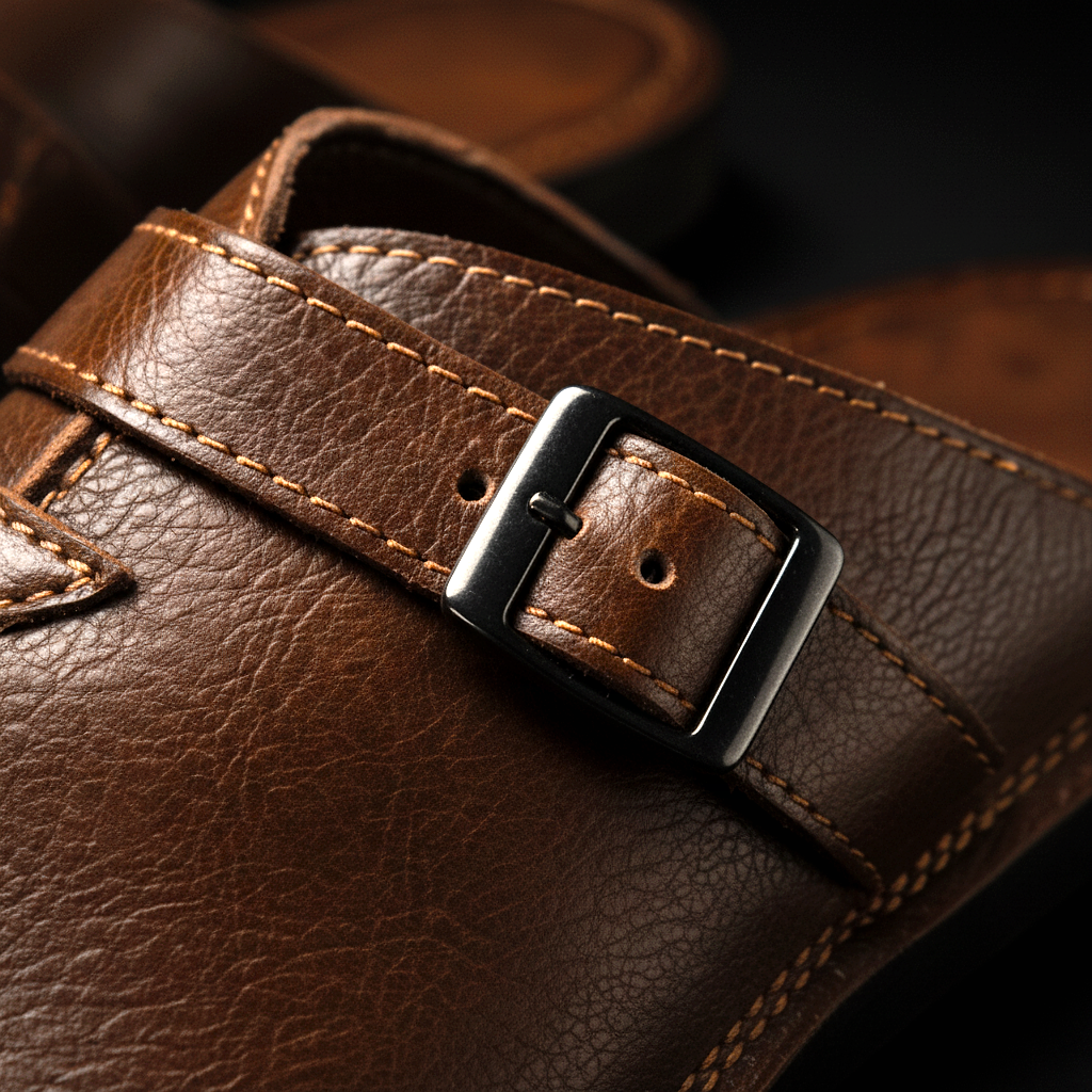 Men's Buckle Slip-On Mules in Brown – buckle detail | Hensley London