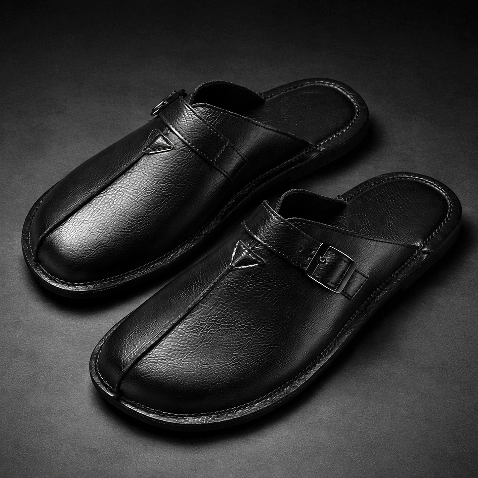 Men's Buckle Slip-On Mules in Black – pair view | Hensley London