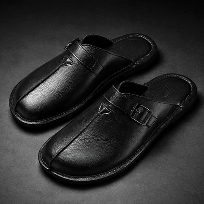 Men's Buckle Slip-On Mules in Black – pair view | Hensley London