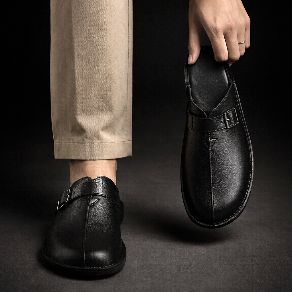 Men's Buckle Slip-On Mules in Black – on-foot and handheld view | Hensley London