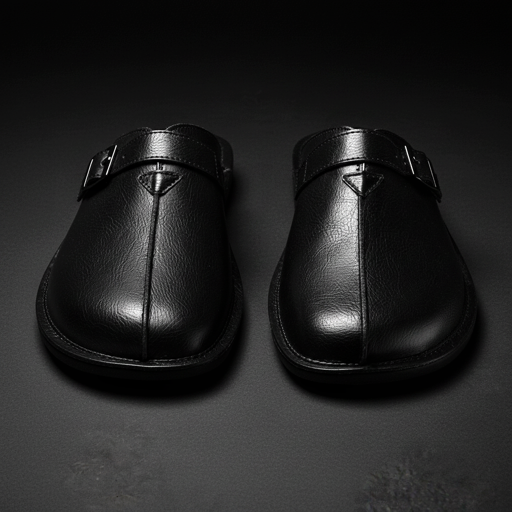 Men's Buckle Slip-On Mules in Black – top view | Hensley London