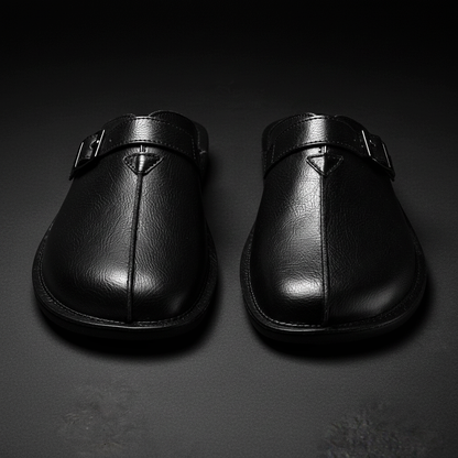 Men's Buckle Slip-On Mules in Black – top view | Hensley London