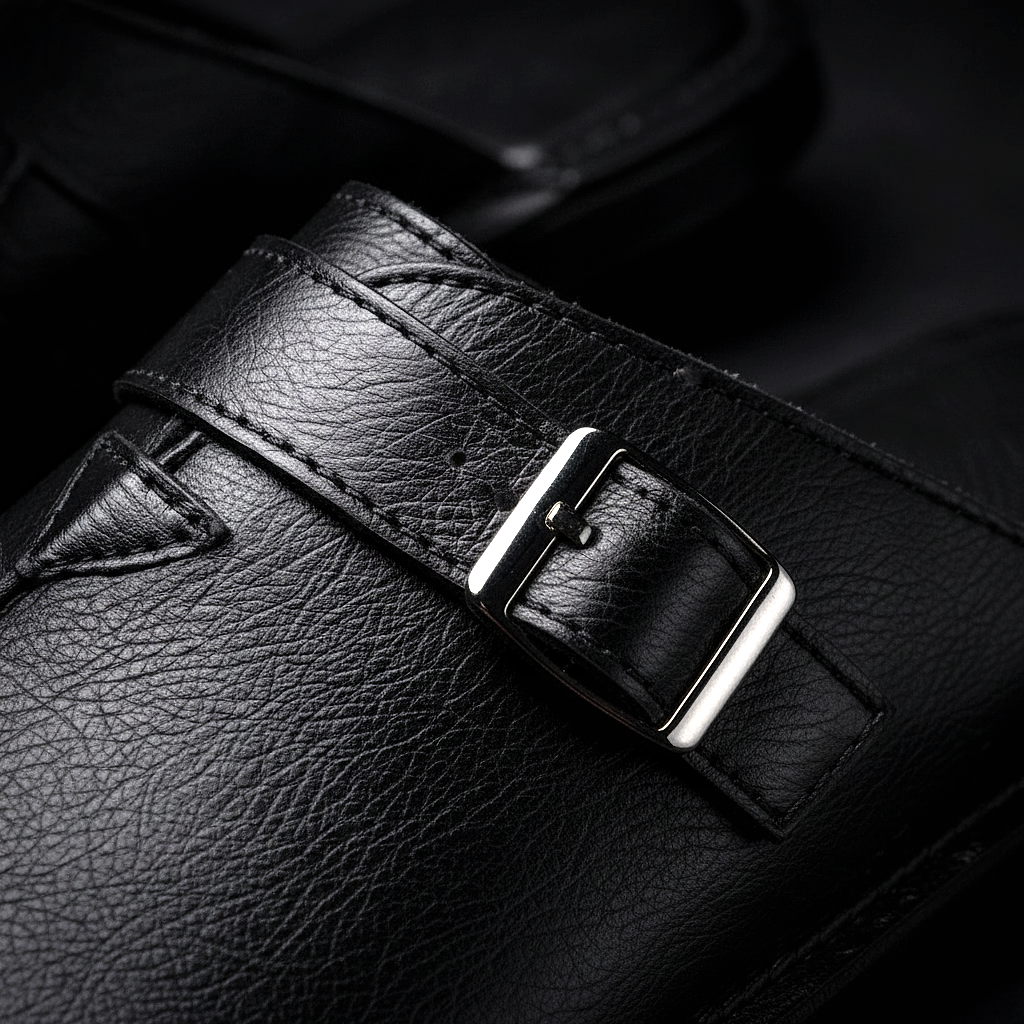 Men's Buckle Slip-On Mules in Black – buckle detail | Hensley London