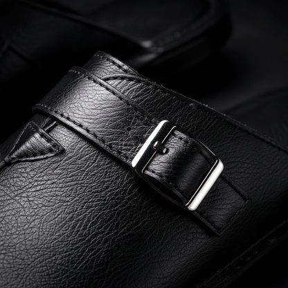 Men's Buckle Slip-On Mules in Black – buckle detail | Hensley London