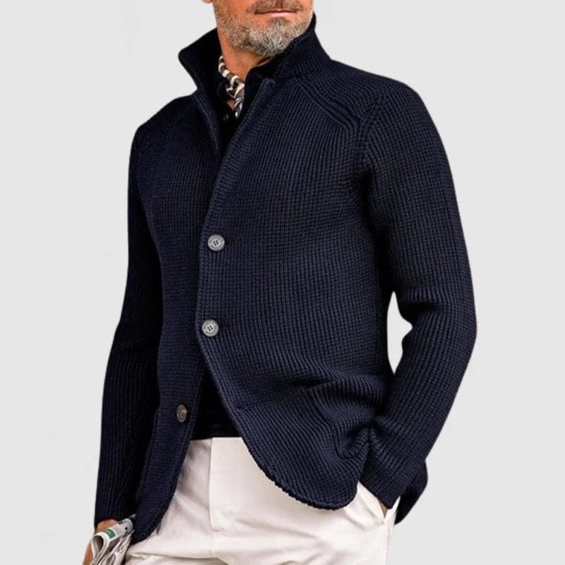 Men's Textured Button Cardigan with Stand Collar in Navy – front view on model | Hensley London