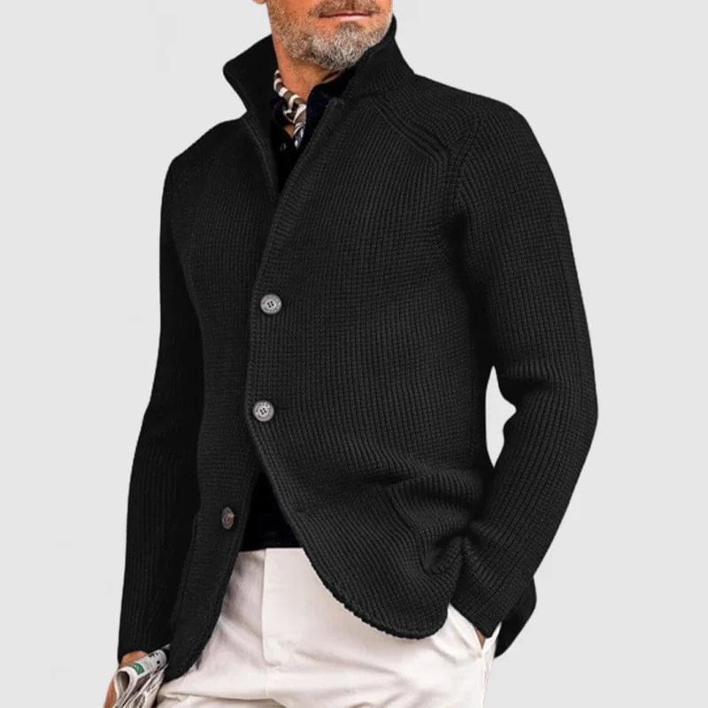 Men's Textured Button Cardigan with Stand Collar in Black – front view on model | Hensley London