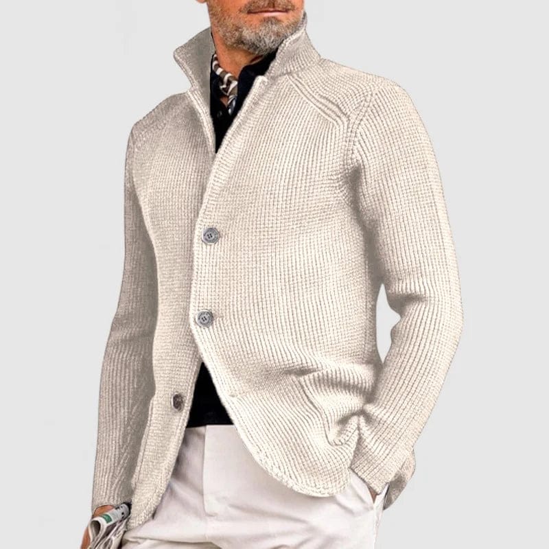 Men's Textured Button Cardigan with Stand Collar in Beige – front view on model | Hensley London