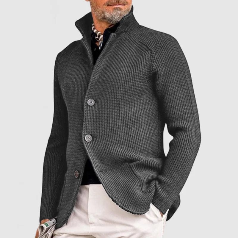 Men's Textured Button Cardigan with Stand Collar in Gray – front view on model | Hensley London