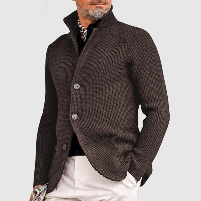 Men's Textured Button Cardigan with Stand Collar in Brown – front view on model | Hensley London