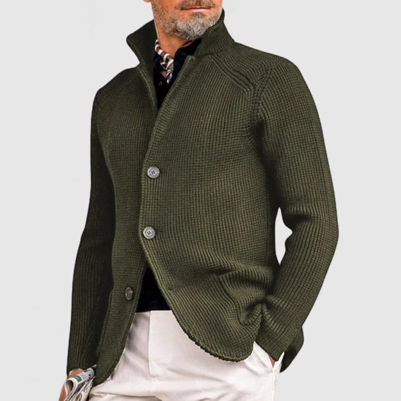 Men's Textured Button Cardigan with Stand Collar in Green – front view on model | Hensley London