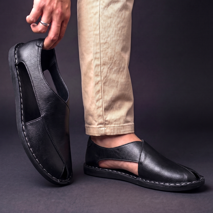Men's Cutout Slip-On Mules in Black – on-foot and handheld view | Hensley London