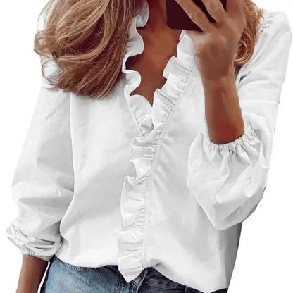 Women's Blouse White Size M Soft Fabric Long Sleeve Top-5