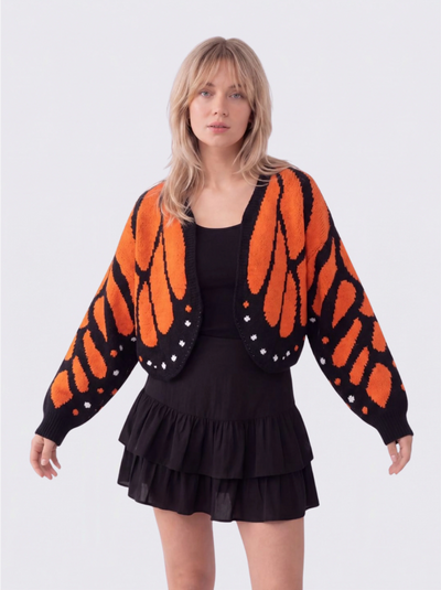 Women's Butterfly Knit Cardigan in Orange – front view on model | Hensley London
