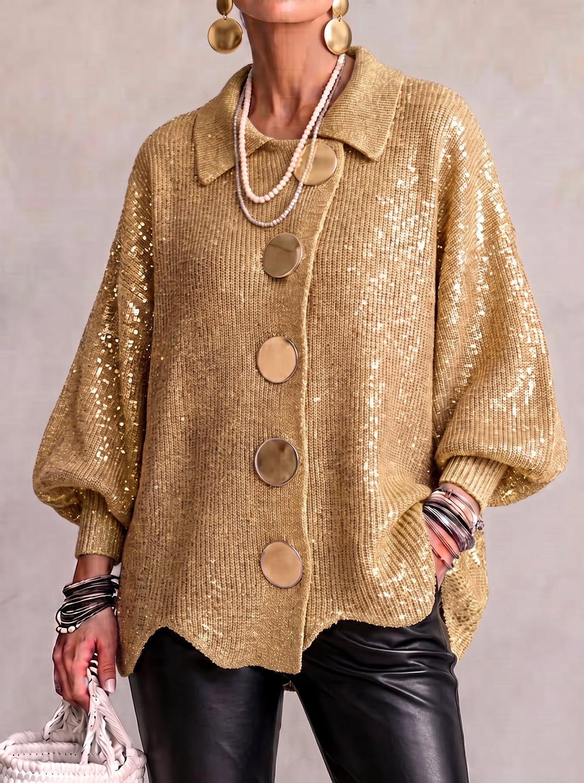 Women's Oversized Collared Knit Cardigan in Gold – front view on model | Hensley London