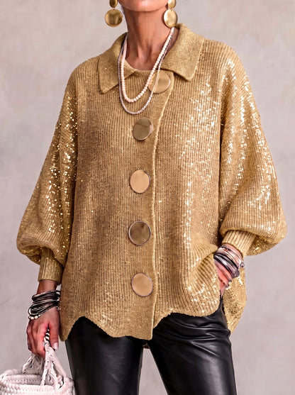 Women's Oversized Collared Knit Cardigan in Gold – front view on model | Hensley London