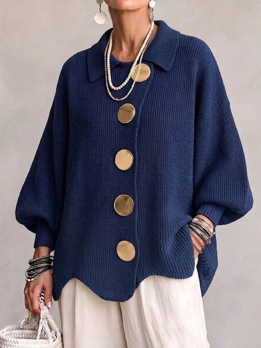 Women's Oversized Collared Knit Cardigan in Blue – front view on model | Hensley London