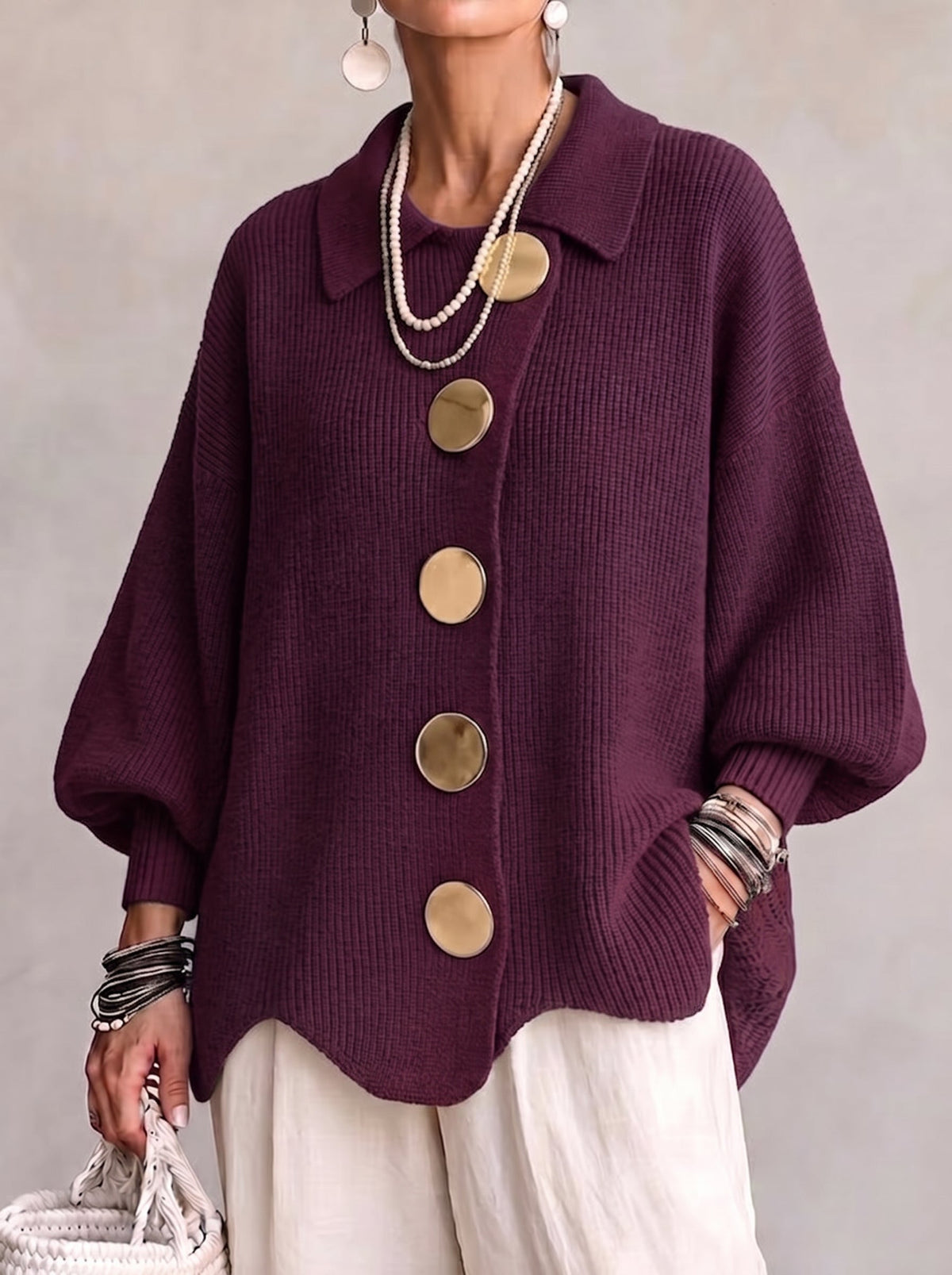 Women's Oversized Collared Knit Cardigan in Wine – front view on model | Hensley London