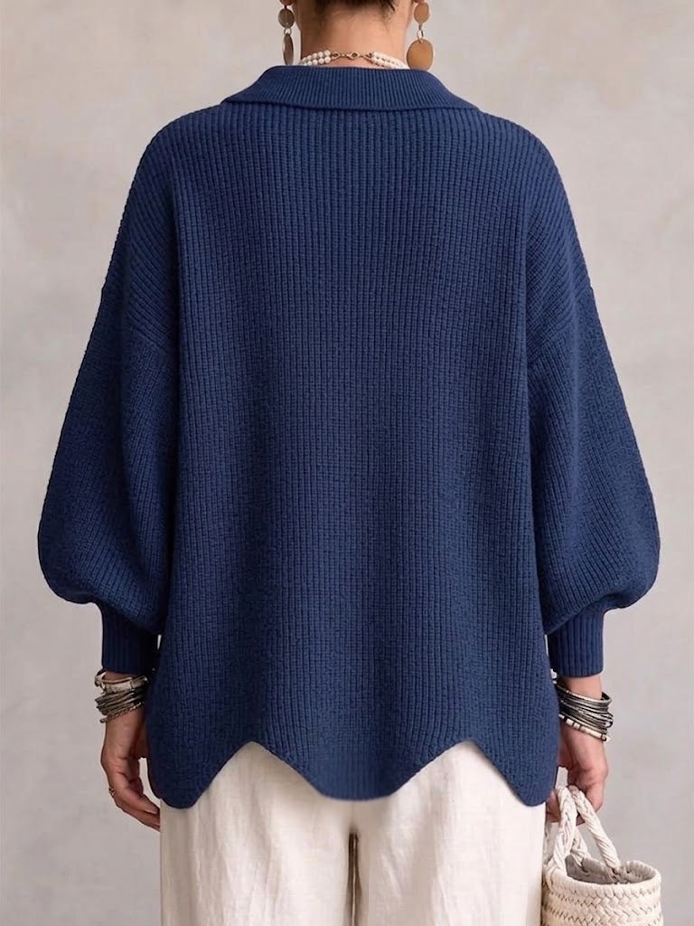Women's Oversized Collared Knit Cardigan in Blue – back view on model | Hensley London