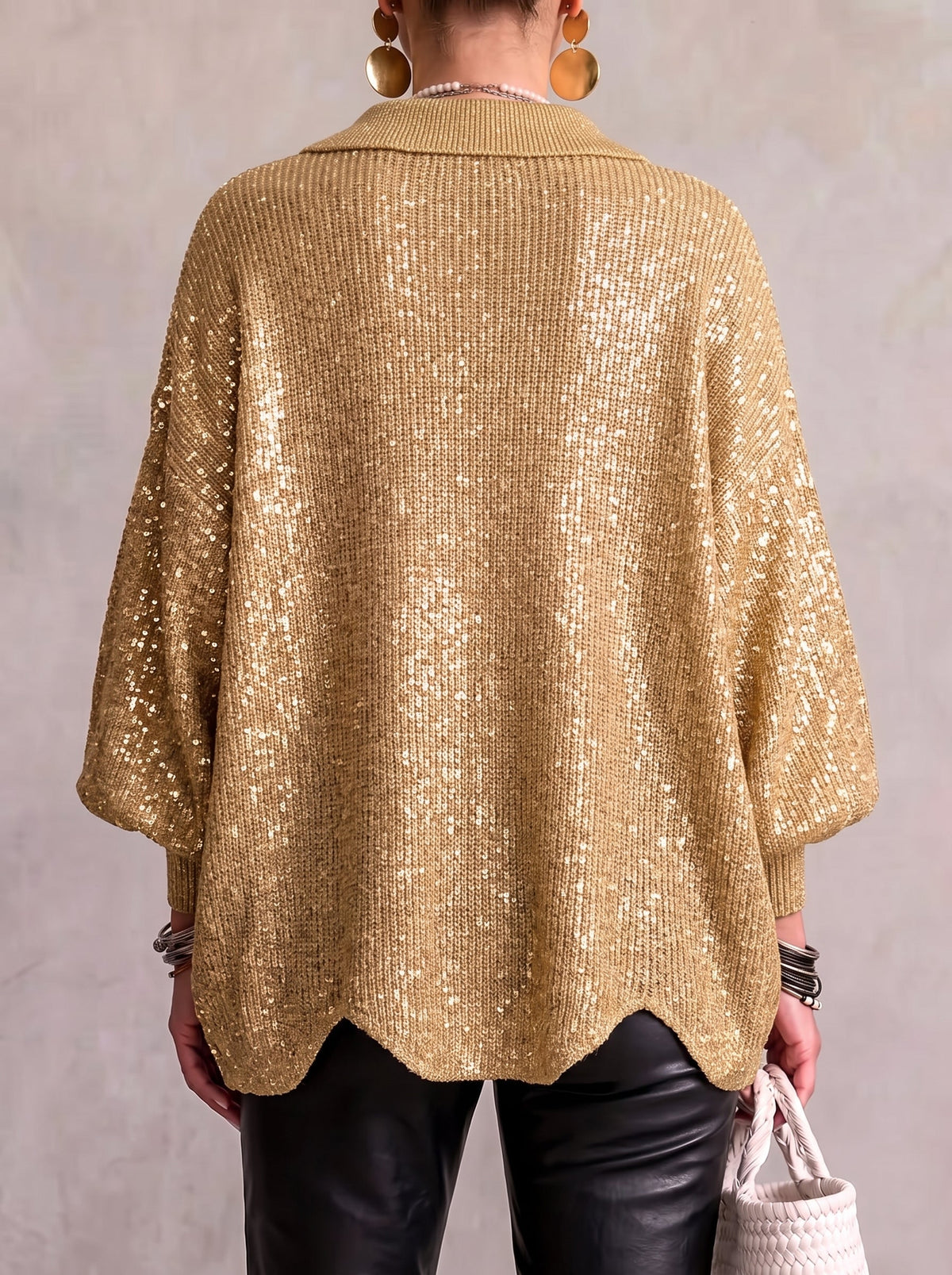 Women's Oversized Collared Knit Cardigan in Gold – back view on model | Hensley London