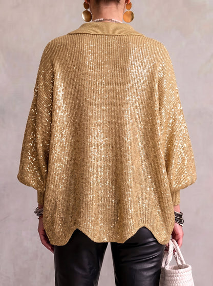 Women's Oversized Collared Knit Cardigan in Gold – back view on model | Hensley London
