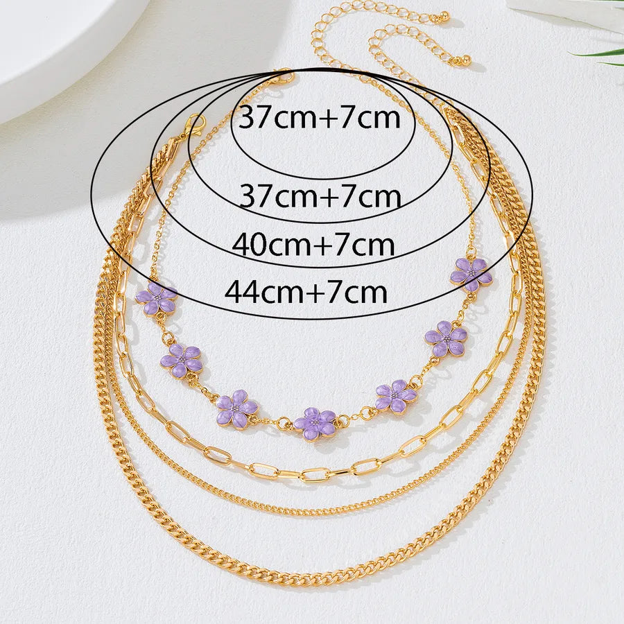 Women's Purple Flower Layered Chain Necklace - View 6 | Hensley London